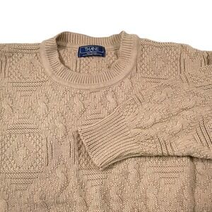 Thane Medium Tan Crewneck Sweater Cable Knit Textured Cotton Vintage USA Made